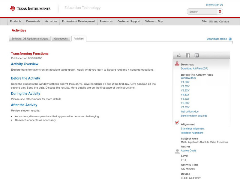 Texas Instruments: Transforming Functions Activity Texas Instruments: Transforming Functions Activity