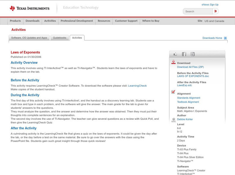 Texas Instruments: Laws of Exponents Activity