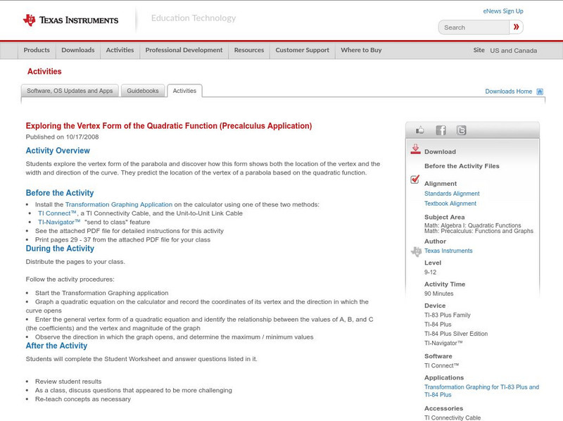 Texas Instruments: Exploring the Vertex Form of the Quadratic Function Activity