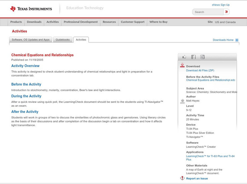 Texas Instruments: Chemical Equations and Relationships Activity