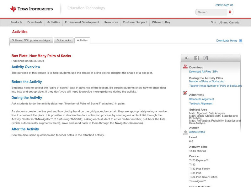 Texas Instruments: Box Plots: How Many Pairs of Socks Activity