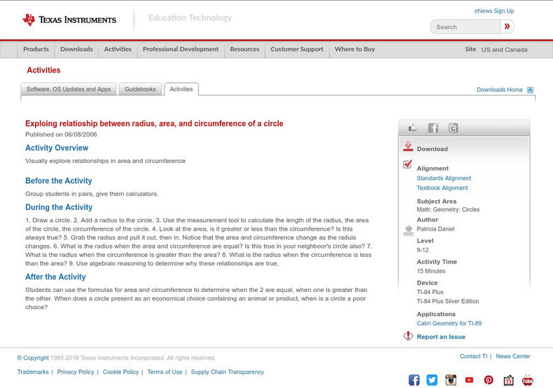 Texas Instruments: Exploing Relatioship Between Radius, Area, and Circumference Activity Texas Instruments: Exploing Relatioship Between Radius, Area, and Circumference Activity