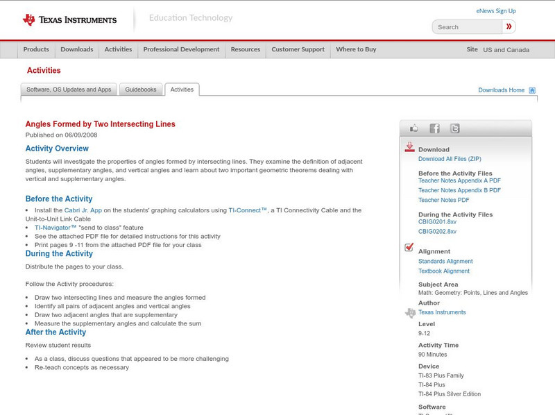 Texas Instruments: Angles Formed by Two Intersecting Lines Activity
