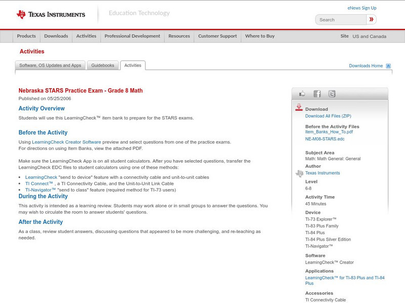 Texas Instruments: Nebraska Stars Practice Exam Grade 8 Math Activity