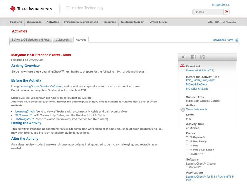 Texas Instruments: Maryland Hsa Practice Exams Math Activity