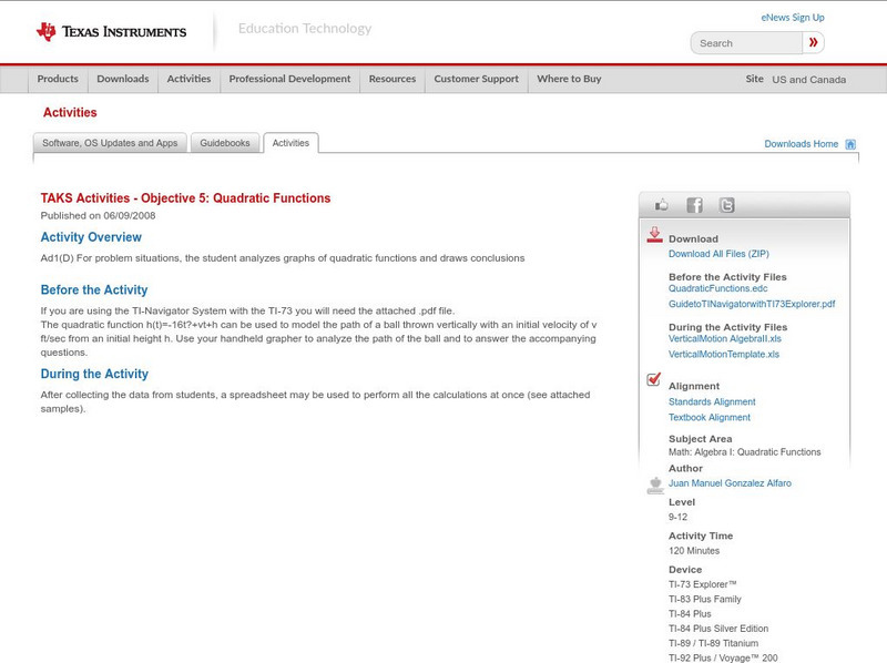 Texas Instruments: Taks Activities Objective 5: Quadratic Functions Activity