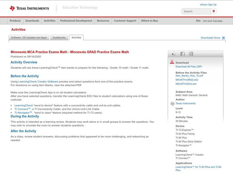 Texas Instruments: Minnesota Mca and Grad Practice Exams for Math Activity