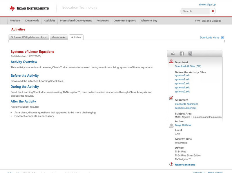 Texas Instruments: Systems of Linear Equations Activity Texas Instruments: Systems of Linear Equations Activity
