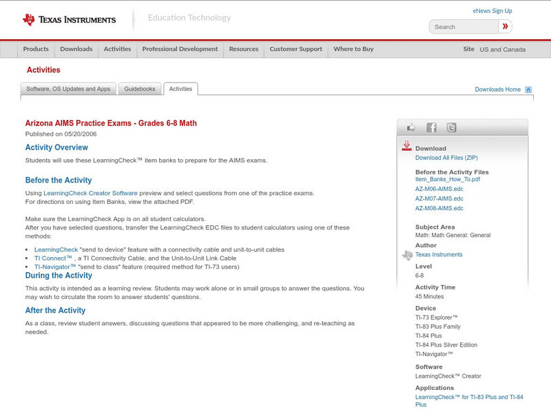 Texas Instruments: Arizona Aims Practice Exams Grades 6 8 Math Activity