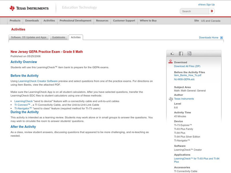 Texas Instruments: New Jersey Gepa Practice Exam Grade 8 Math Activity