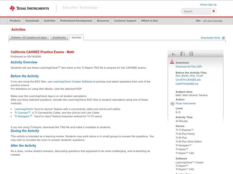 Texas Instruments: California Cahsee Practice Exams: Math Activity