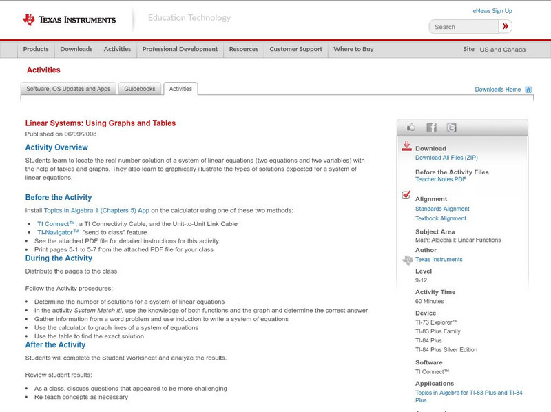 Texas Instruments: Linear Systems: Using Graphs and Tables Activity Texas Instruments: Linear Systems: Using Graphs and Tables Activity