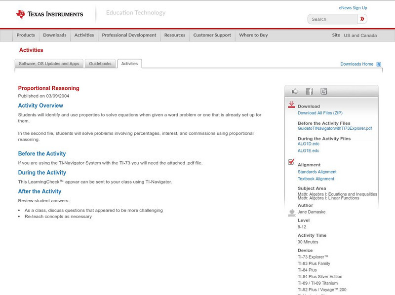 Texas Instruments: Proportional Reasoning: Set 1 Activity Texas Instruments: Proportional Reasoning: Set 1 Activity
