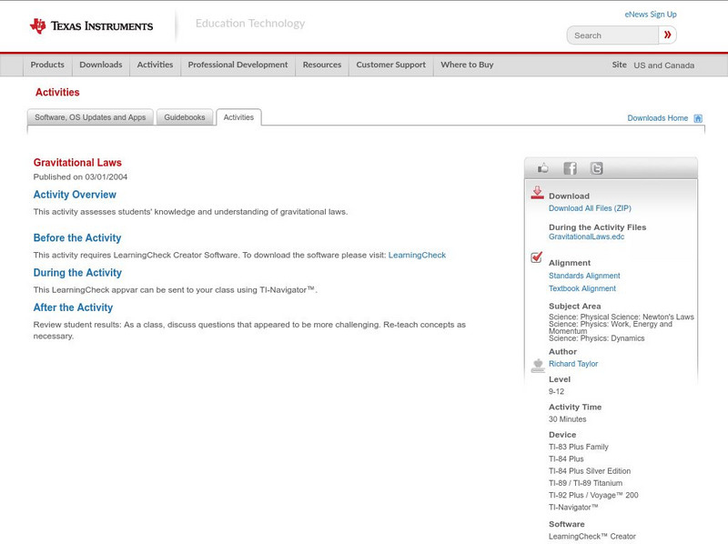 Texas Instruments: Gravitational Laws Activity