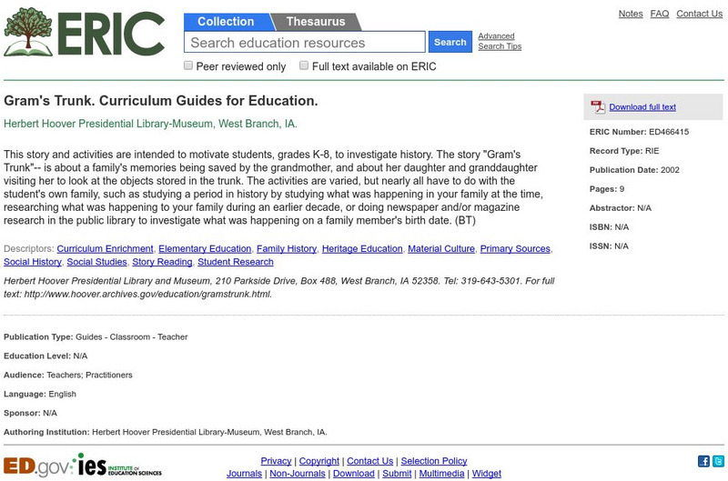 Herbert Hoover Presidential Library and Museum: Herbert Hoover: Gram's Trunk Lesson Plan Herbert Hoover Presidential Library and Museum: Herbert Hoover: Gram's Trunk Lesson Plan