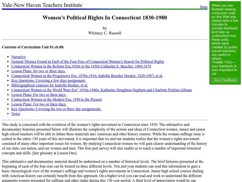 Yale New Haven Teachers Inst.: Women's Political Rights in Connecticut 1830 1980 Lesson Plan Yale New Haven Teachers Inst.: Women's Political Rights in Connecticut 1830 1980 Lesson Plan