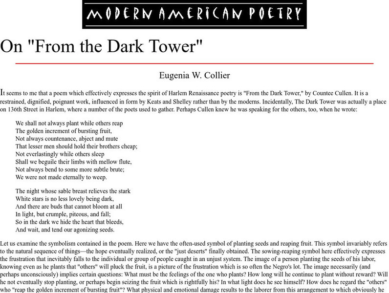 University of Illinois: Modern American Poetry: On "From the Dark Tower" Website University of Illinois: Modern American Poetry: On "From the Dark Tower" Website