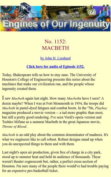 University of Houston: Engines of Our Ingenuity: Engines of Our Ingenuity: No. 1152: Mac Beth Primary University of Houston: Engines of Our Ingenuity: Engines of Our Ingenuity: No. 1152: Mac Beth Primary