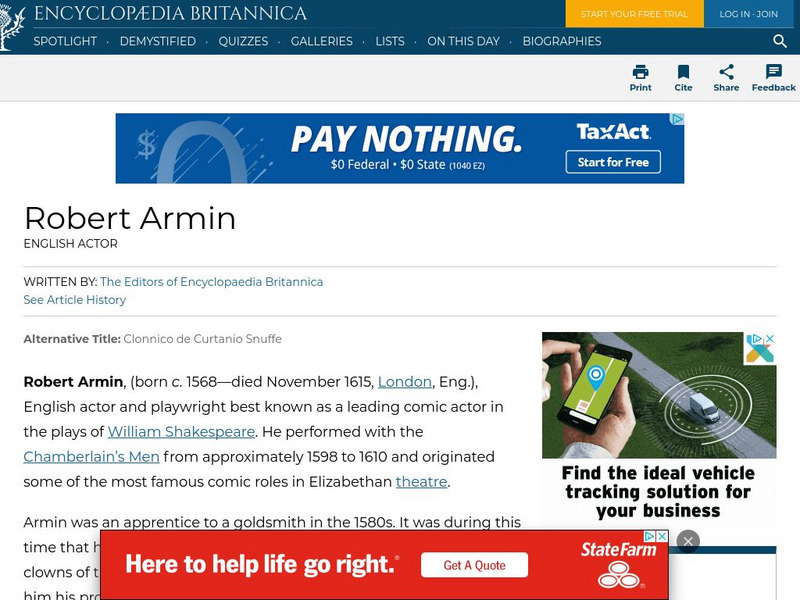 Encyclopedia Britannica: Robert Armin Handout