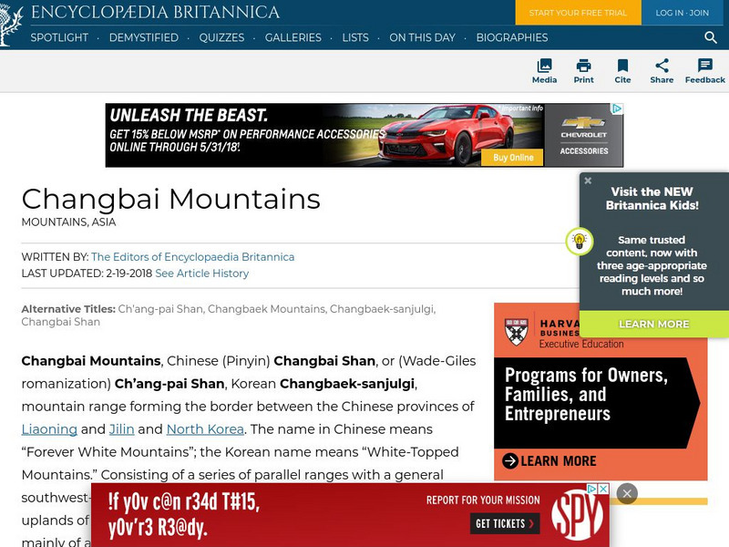 Encyclopedia Britannica: Ch'ang Pai Mountains Handout Encyclopedia Britannica: Ch'ang Pai Mountains Handout