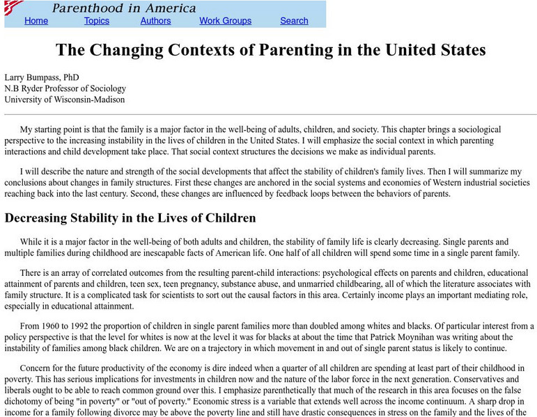 University of Wisconsin: Changing Contexts of Parenting in the United States Handout