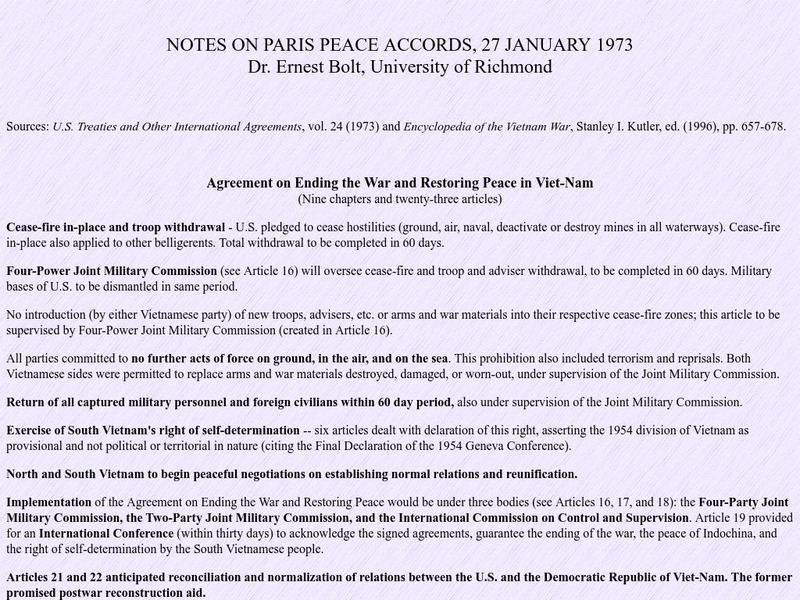 University of Richmond: Notes on Paris Peace Accords, 27 January 1973 Handout University of Richmond: Notes on Paris Peace Accords, 27 January 1973 Handout