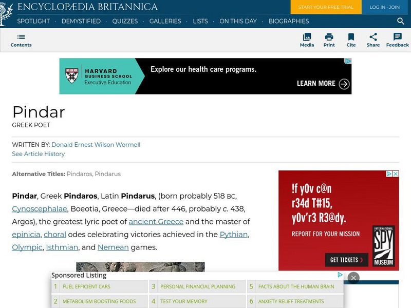 Encyclopedia Britannica: Pindar Handout Encyclopedia Britannica: Pindar Handout