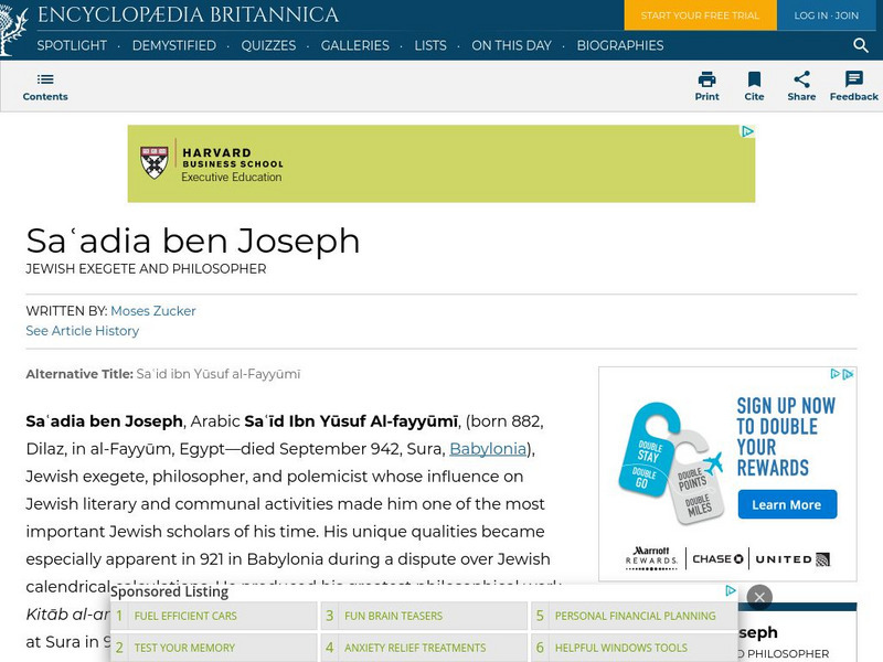 Encyclopedia Britannica: Saadia Ben Joseph Handout Encyclopedia Britannica: Saadia Ben Joseph Handout