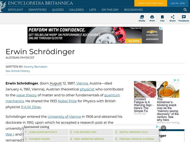 Encyclopedia Britannica: Erwin Schrodinger Handout Encyclopedia Britannica: Erwin Schrodinger Handout