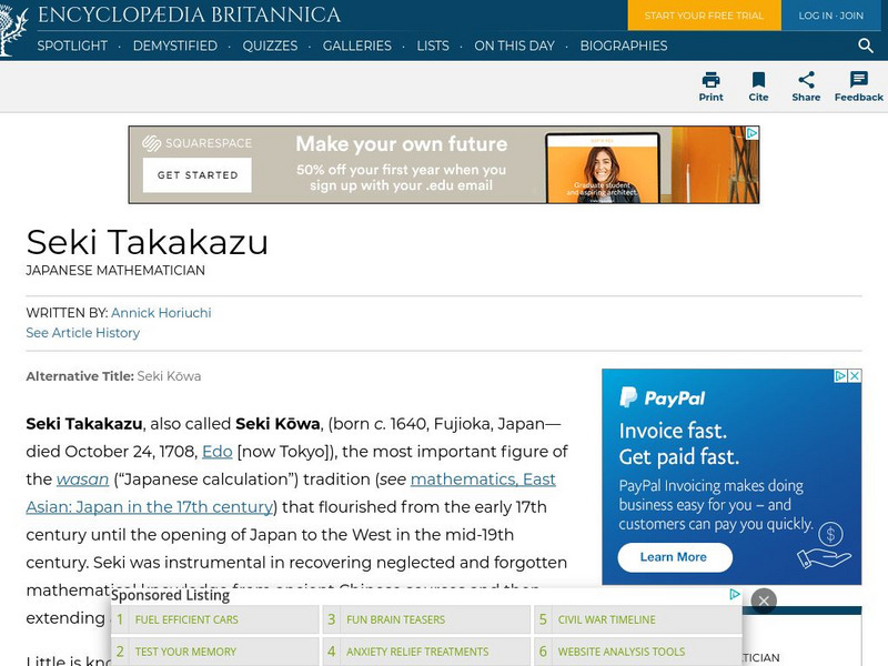 Encyclopedia Britannica: Seki Takakazu Handout