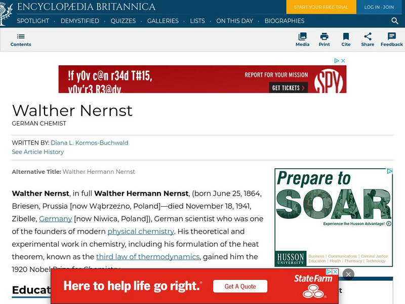 Encyclopedia Britannica: Walther Nernst Handout Encyclopedia Britannica: Walther Nernst Handout