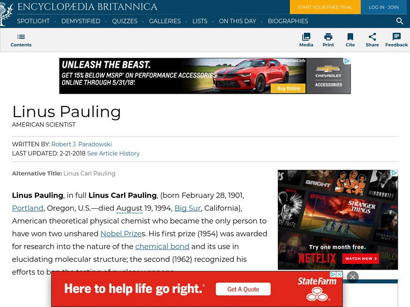 Encyclopedia Britannica: Linus Pauling Handout Encyclopedia Britannica: Linus Pauling Handout