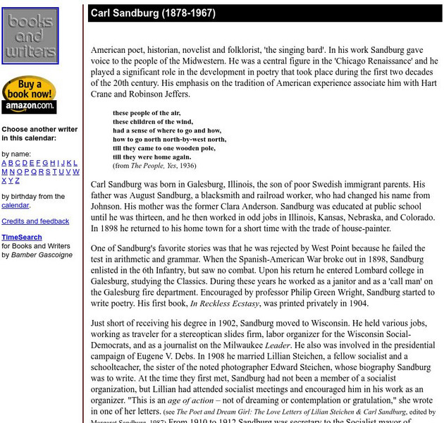 Author's Calendar: Pegasos Literature Resources: Carl Sandburg Website Author's Calendar: Pegasos Literature Resources: Carl Sandburg Website