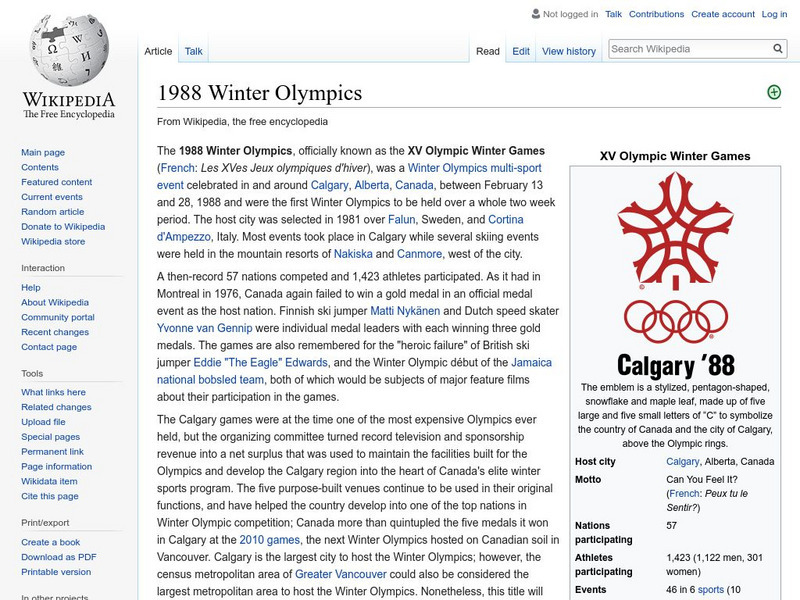 Wikipedia: 1988 Winter Olympics Handout Wikipedia: 1988 Winter Olympics Handout
