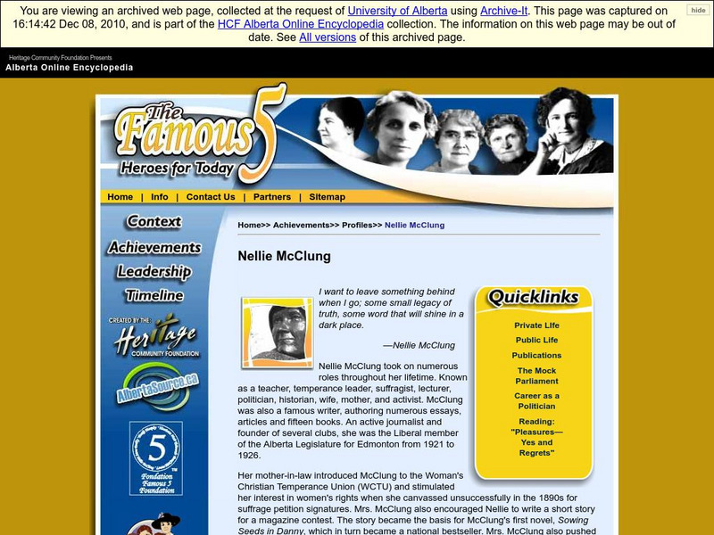 Alberta Online Encyclopedia: The Famous 5: Heroes for Today: Nellie Mc Clung Handout Alberta Online Encyclopedia: The Famous 5: Heroes for Today: Nellie Mc Clung Handout
