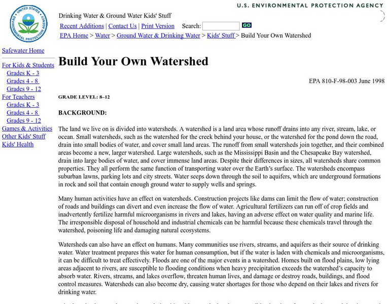 Epa: Build Your Own Watershed Lesson Plan Epa: Build Your Own Watershed Lesson Plan