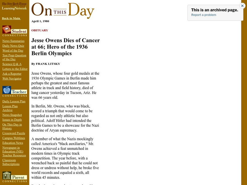 New York Times: On This Day: Jesse Owens Dies of Cancer at 66 Article New York Times: On This Day: Jesse Owens Dies of Cancer at 66 Article