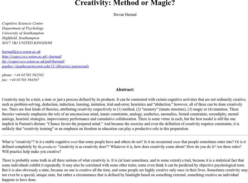Creativity: Method or Magic? Article Creativity: Method or Magic? Article