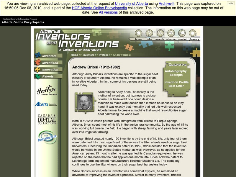 Alberta Online Encyclopedia: Alberta Inventors and Inventions: Andrew Briosi Handout Alberta Online Encyclopedia: Alberta Inventors and Inventions: Andrew Briosi Handout