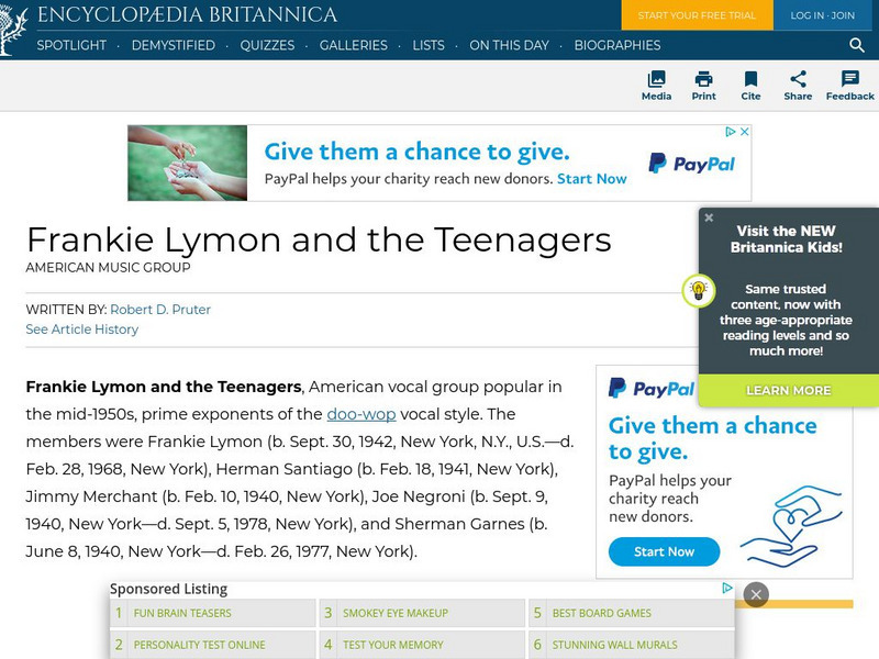 Encyclopedia Britannica: Frankie Lymon & the Teenagers Handout Encyclopedia Britannica: Frankie Lymon & the Teenagers Handout