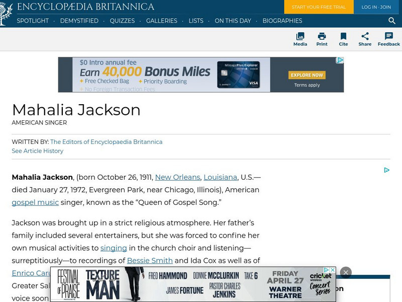 Encyclopedia Britannica: Mahalia Jackson Handout Encyclopedia Britannica: Mahalia Jackson Handout