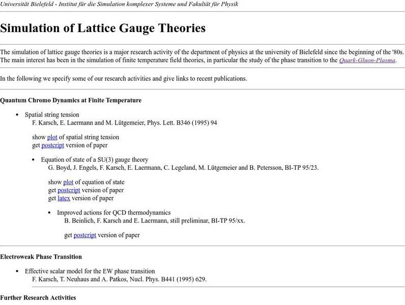 Bielefeld Univ.: Simulation of Lattice Gauge Theories Website Bielefeld Univ.: Simulation of Lattice Gauge Theories Website
