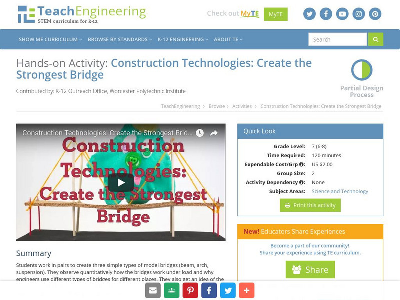 Teach Engineering: Construction Technologies: Construct the Strongest Bridge Activity Teach Engineering: Construction Technologies: Construct the Strongest Bridge Activity