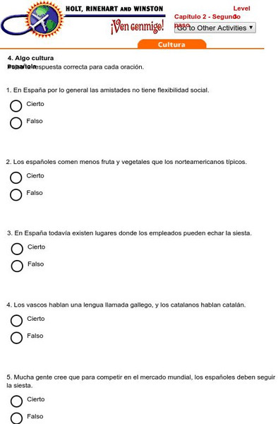 Holt, Rinehart and Winston: Ven Conmigo! Algo Cultura Espanola, Capitulo 2 Unit Plan Holt, Rinehart and Winston: Ven Conmigo! Algo Cultura Espanola, Capitulo 2 Unit Plan
