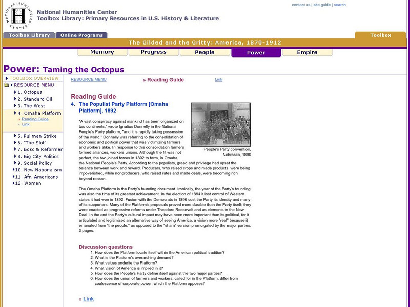 National Humanities Center: Toolbox Library: Power: Taming the Octopus: The Populist Party Platform, 1892 Primary National Humanities Center: Toolbox Library: Power: Taming the Octopus: The Populist Party Platform, 1892 Primary