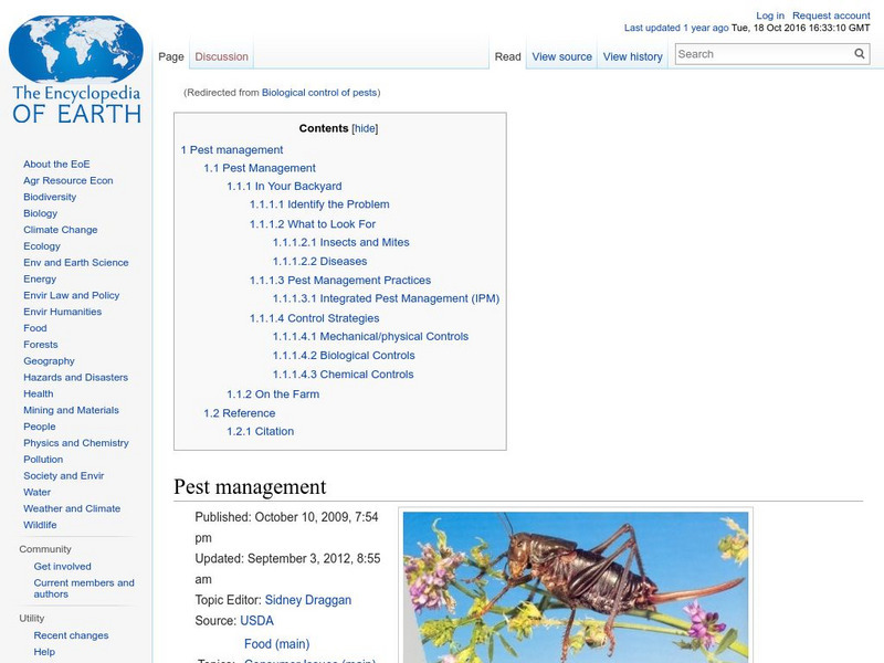 Encyclopedia of Earth: Entomology: Pest Management Handout Encyclopedia of Earth: Entomology: Pest Management Handout