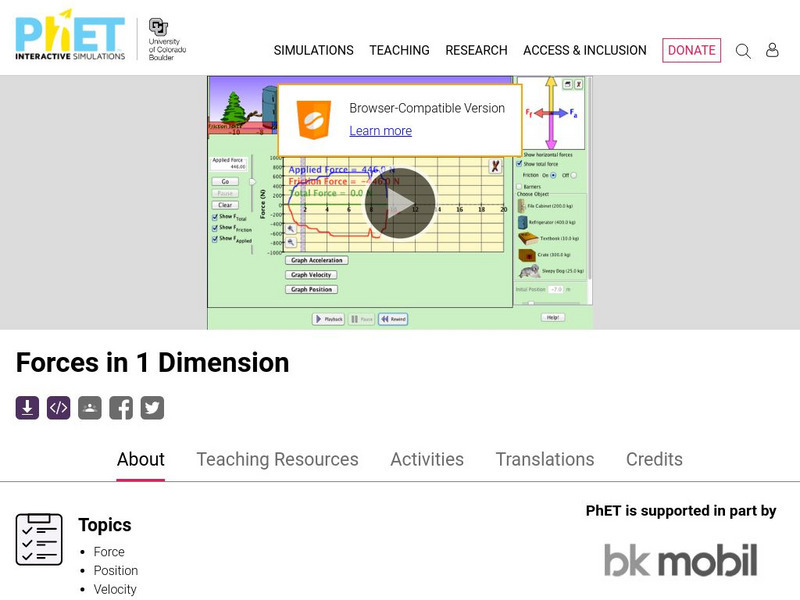 University of Colorado: Ph Et Interactive Simulations: Forces in 1 Dimension Interactive