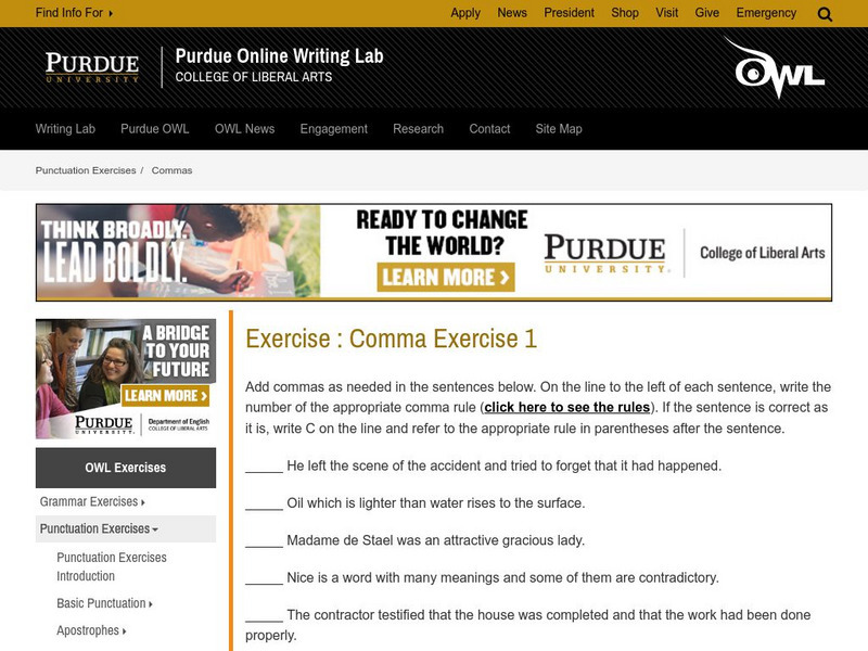 Purdue University Owl: Using Commas: Exercise #1 Unknown Type Purdue University Owl: Using Commas: Exercise #1 Unknown Type
