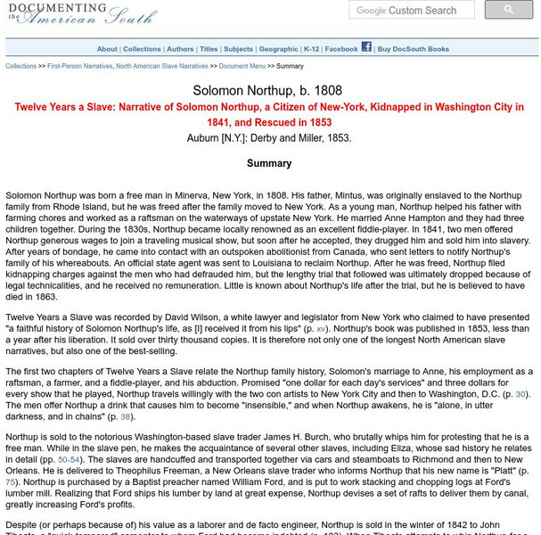 Documenting the American South: Summary of Twelve Years a Slave Primary Documenting the American South: Summary of Twelve Years a Slave Primary