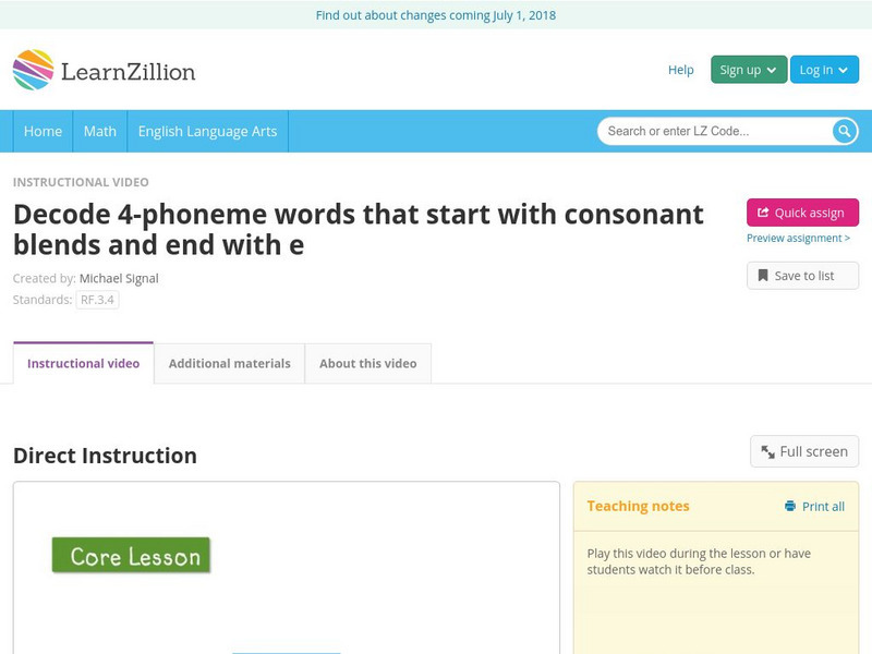 Learn Zillion: Decode 4 Phoneme Words That Start With Consonant Blends End With E Instructional Video Learn Zillion: Decode 4 Phoneme Words That Start With Consonant Blends End With E Instructional Video